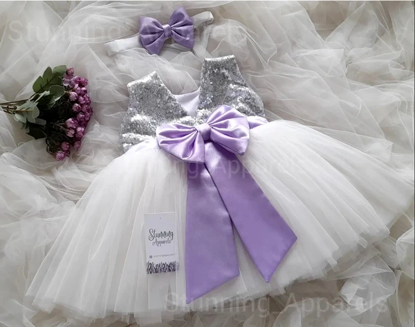 Light Lavender Bow White Partywear Dress - 4-5 Years