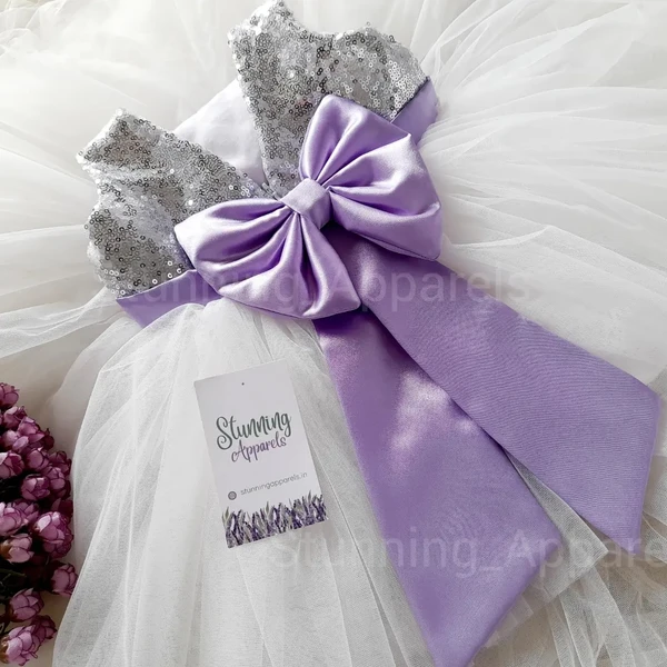 Light Lavender Bow White Partywear Dress - 6-9 Month