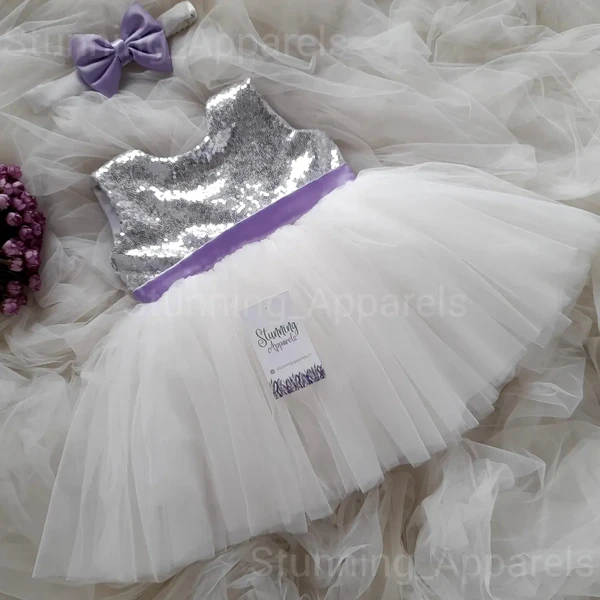 Light Lavender Bow White Partywear Dress - 2-3 Years