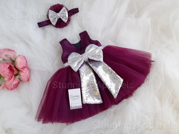 Silver Sequins Bow Partywear Wine Dress - 0-3 Months