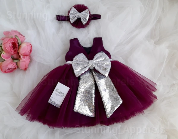 Silver Sequins Bow Partywear Wine Dress - 0-3 Months