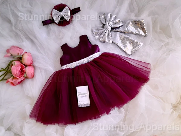 Silver Sequins Bow Partywear Wine Dress - 0-3 Months