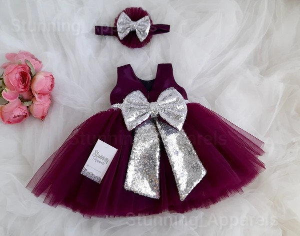 Silver Sequins Bow Partywear Wine Dress - 5-6 Years