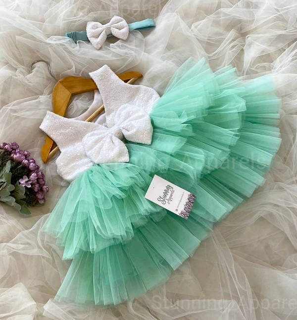 Sea Green Layered Partywear Dress - 0-3 Months