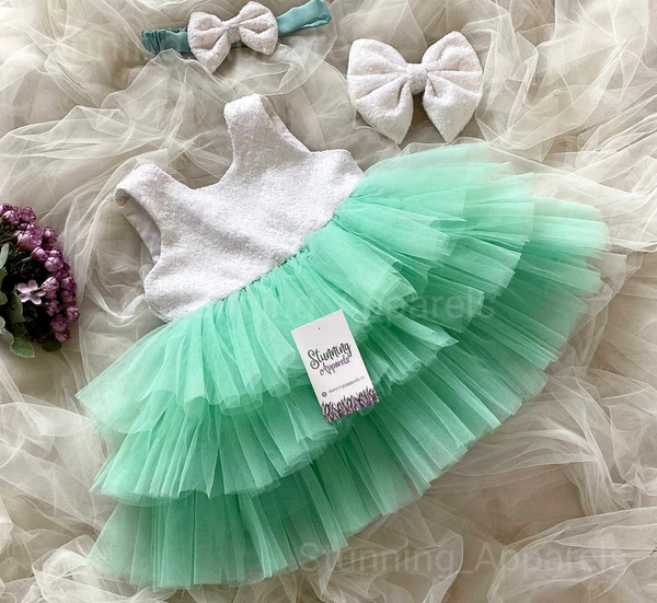 Sea Green Layered Partywear Dress - 0-3 Months