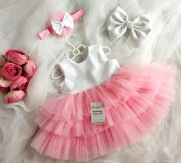 Peach Layered  Partywear Dress - 0-3 Months