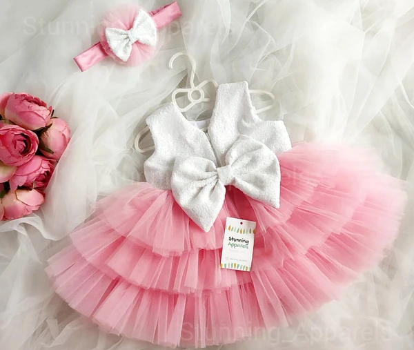 Peach Layered  Partywear Dress - 3-6 Month