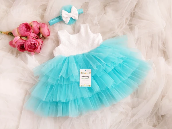 Sky Blue Layered Partywear Dress - 9-12 Month