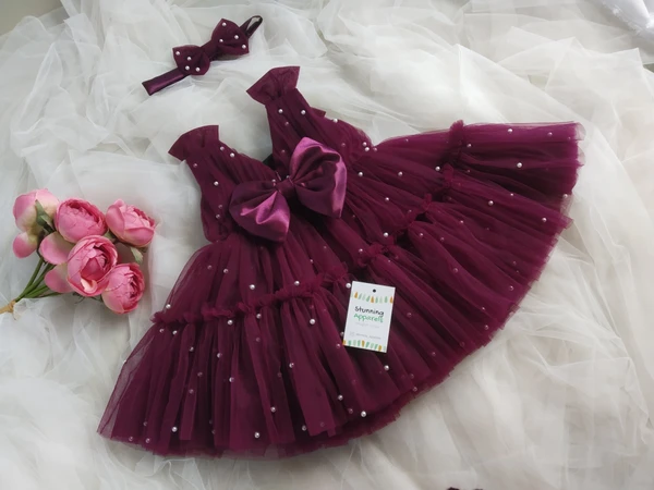 White Pearls Work Partywear  Wine Ruffled Dress  - 0-3 Months