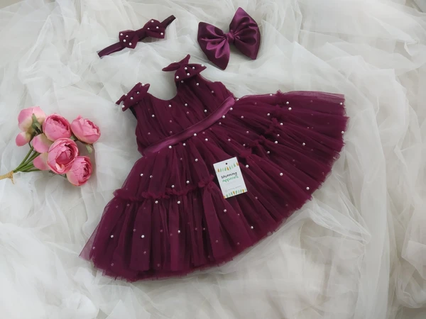 White Pearls Work Partywear  Wine Ruffled Dress  - 1-2 Years