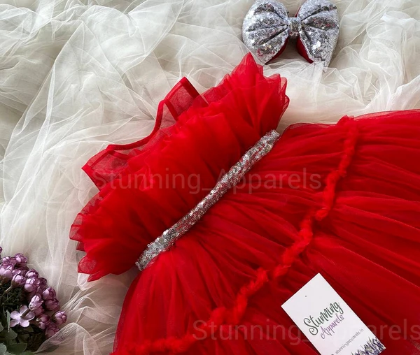 Silver Sequins Belt And Bow Partywear Red Dress - 0-3 Months