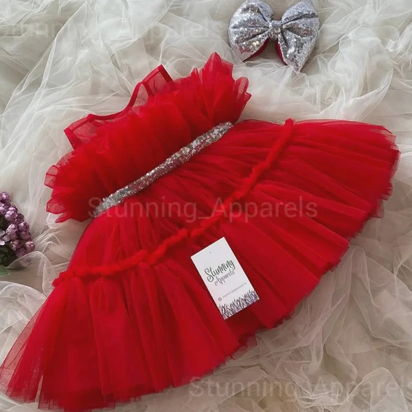 Silver Sequins Belt And Bow Partywear Red Dress - 3-4 Years