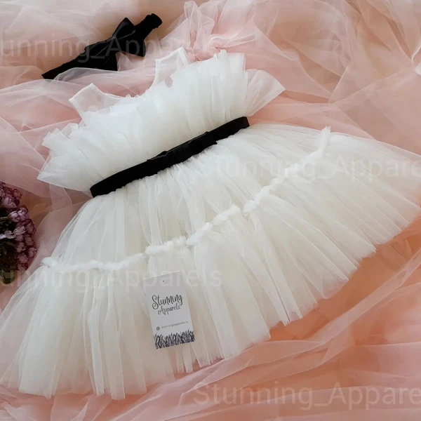 Black Satin Bow Partywear  Ruffled White Dress - 6-9 Month