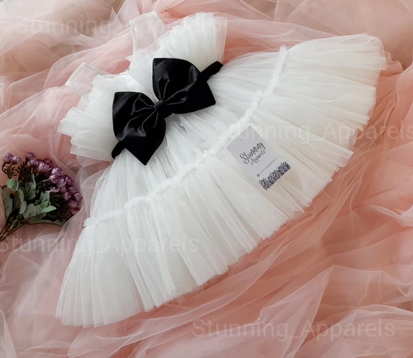 Black Satin Bow Partywear  Ruffled White Dress - 5-6 Years