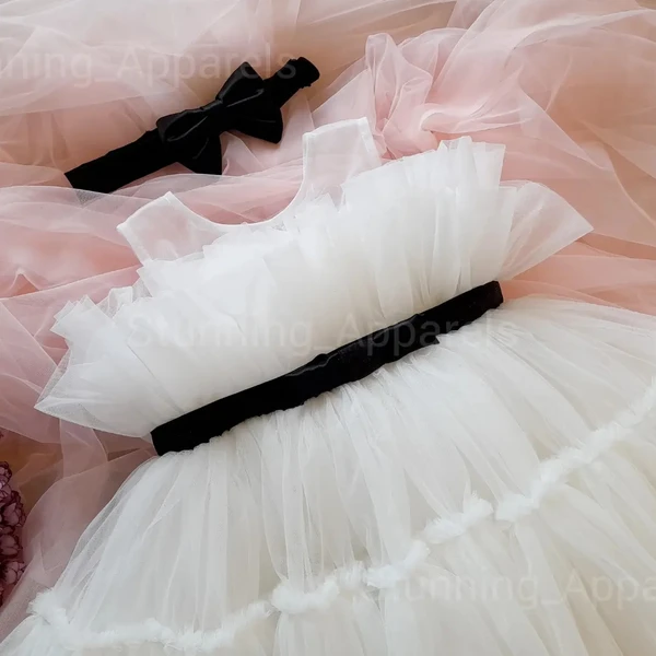 Black Satin Bow Partywear  Ruffled White Dress - 6-7 Years