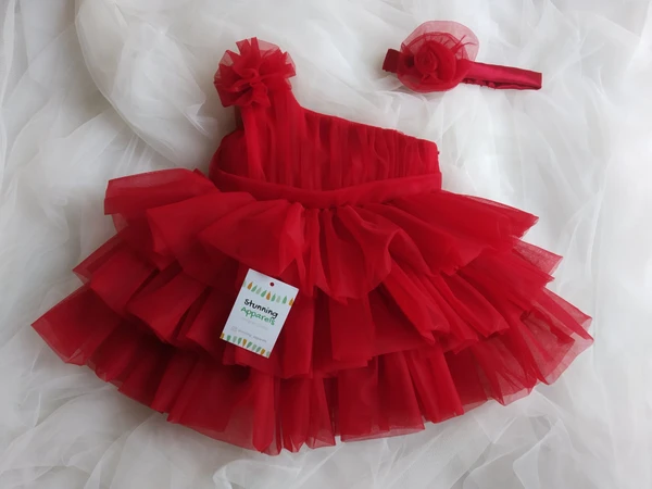 Double Folded Partywear Layered Red Dress - 2-3 Year