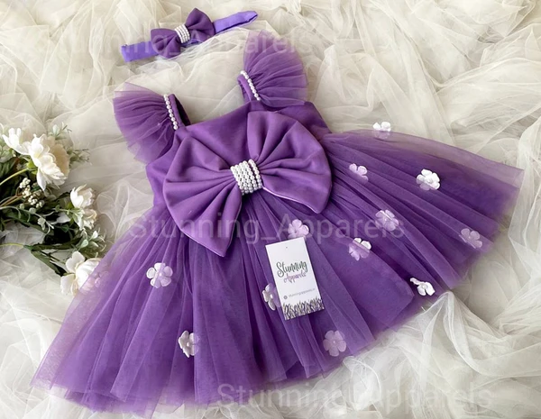 Ruffled Sleeves Strapped  White Flower Lavender Dress  - 0-3 Months