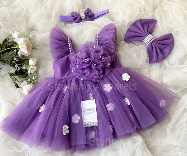 Ruffled Sleeves Strapped  White Flower Lavender Dress  - 0-3 Months