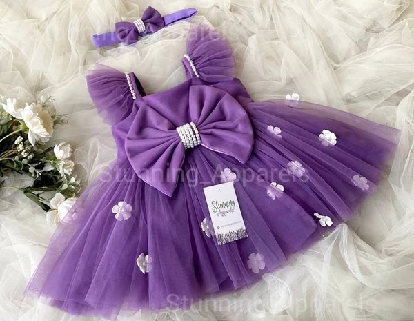 Ruffled Sleeves Strapped  White Flower Lavender Dress  - 9-12 Month