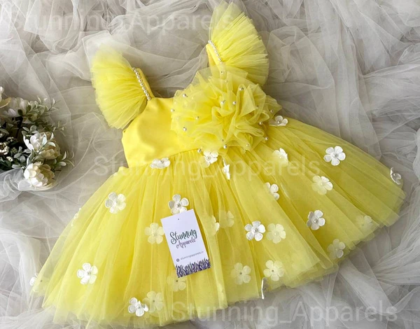 Ruffled Sleeves Strapped  Partywear Yellow Dress  - 2-3 Years