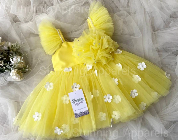 Ruffled Sleeves Strapped  Partywear Yellow Dress  - 0-3 Months