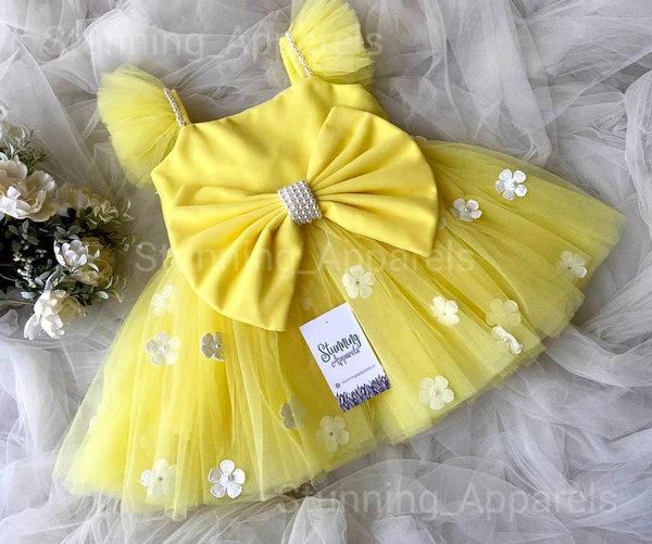 Ruffled Sleeves Strapped  Partywear Yellow Dress  - 3-4 Years