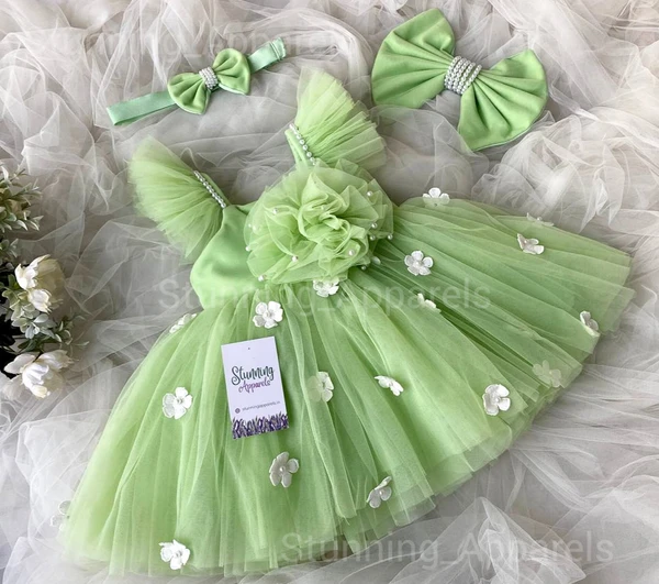 Ruffled Sleeves Strapped Partywear Pista Green Dress  - 0-3 Months