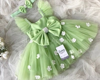 Ruffled Sleeves Strapped Partywear Pista Green Dress  - 3-6 Month