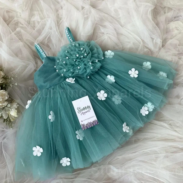 White Flower Strapped  Teal Green Partywear  Dress  - 0-3 Months