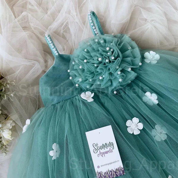 White Flower Strapped  Teal Green Partywear  Dress  - 0-3 Months