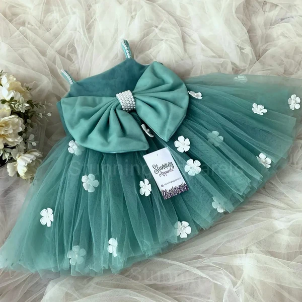 White Flower Strapped  Teal Green Partywear  Dress  - 3-6 Month