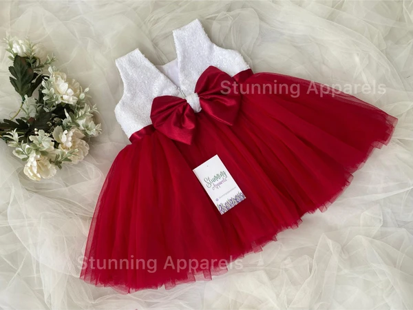 Stylish Milky Sequins Partywear  Ruby Red Dress - 6-9 Months