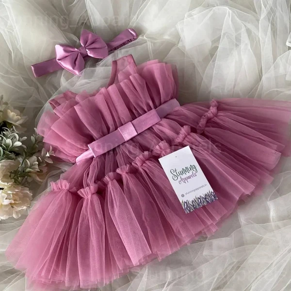 Belted Bow Dusty Pink  Rufffled Partywear Dress  - 0-3 Months