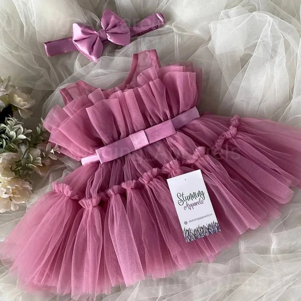 Belted Bow Dusty Pink  Rufffled Partywear Dress  - 0-3 Months