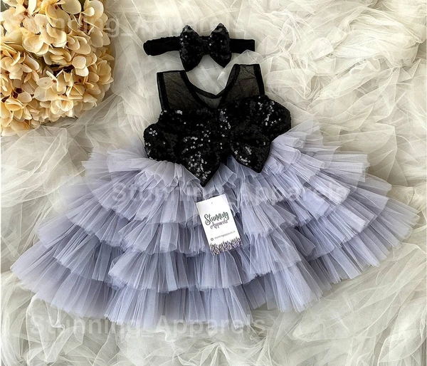Black Sequins Bow Layered Partywear Gray Dress  - 6-9 Month
