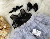 Black Sequins Bow Layered Partywear Gray Dress  - 6-9 Month