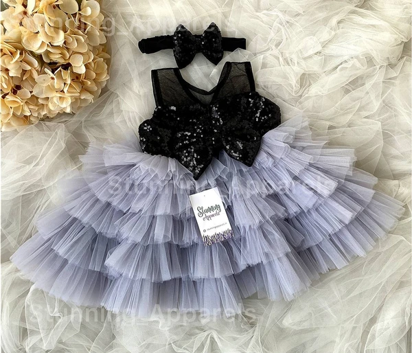 Black Sequins Bow Layered Partywear Gray Dress  - 9-12 Month