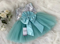 Stylish Teal Green Piping Neck Finishing Partywear  Dress  - 9-12 Month