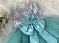 Stylish Teal Green Piping Neck Finishing Partywear  Dress  - 9-12 Month