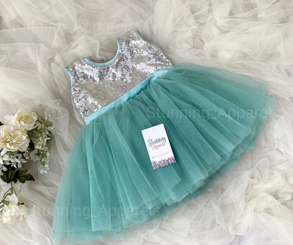 Stylish Teal Green Piping Neck Finishing Partywear  Dress  - 2-3 Years
