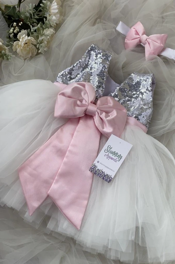 Bany Pink Satin Belted Bow Partywear White Dress - 3-6 Month