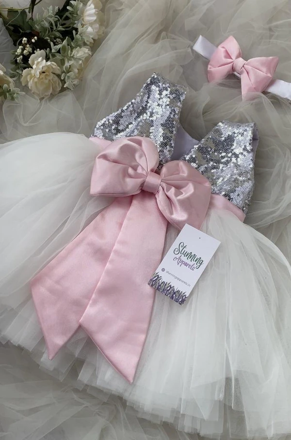 Bany Pink Satin Belted Bow Partywear White Dress - 9-12 Month