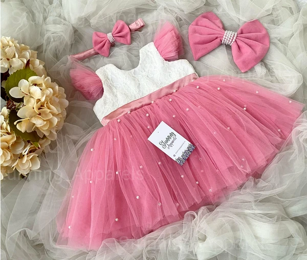 Beautiful  White Pearls Work Partywear Peach Dress - 1-2 Years