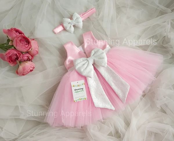 Milky Sequins  Bow Partywear  Baby Pink Dress - 0-3 Months