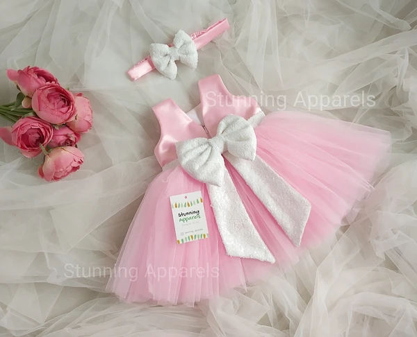 Milky Sequins  Bow Partywear  Baby Pink Dress - 9-12 Month