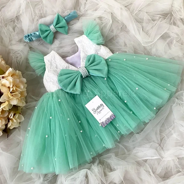 Ruffled Sleeves With Pearls Work Partywear See Green Dresss  - 0-3 Months