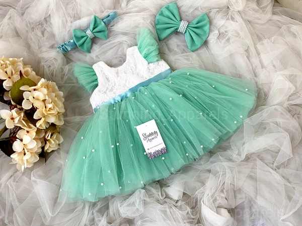 Ruffled Sleeves With Pearls Work Partywear See Green Dresss  - 0-3 Months