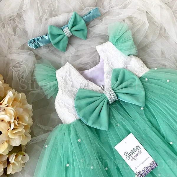 Ruffled Sleeves With Pearls Work Partywear See Green Dresss  - 0-3 Months