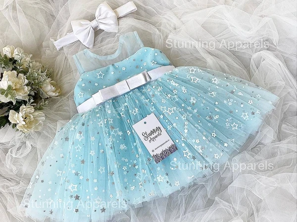 Stylish White Satin Bow Partywear Sky Blue Dress - 0-3 Months