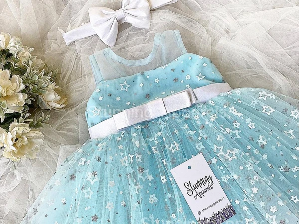 Stylish White Satin Bow Partywear Sky Blue Dress - 0-3 Months